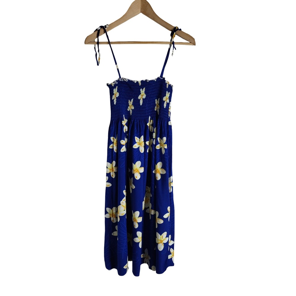 Blue Plumeria Floral Smocked Tie Shoulder Midi Sun Dress Tropical Summer